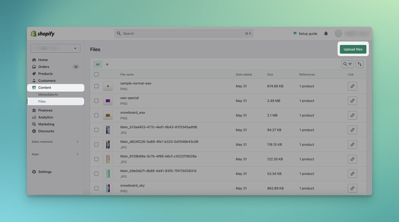 upload files on Shopify under the Content and Files tab