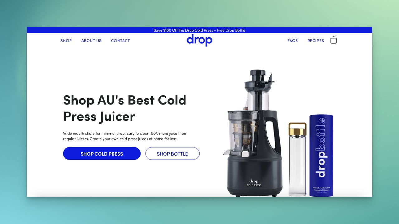 Drop Bottle homepage with the product introduction on above-the-fold