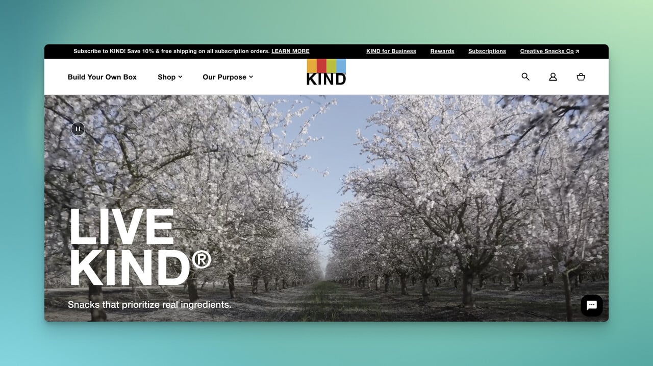 Kind Snacks homepage with a video on above-the-fold of the homepage