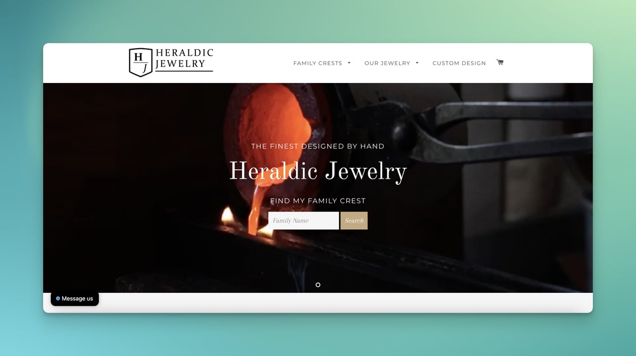 Heraldic Jewelry homepage with a video on above-the-fold