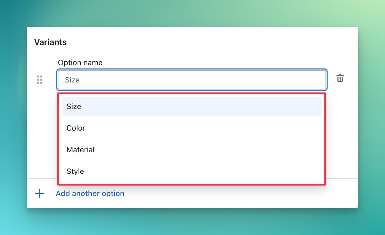 shopify variant options