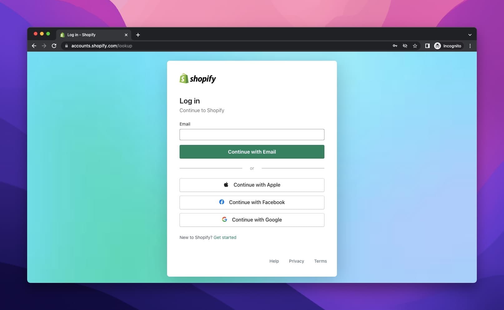 Shopify login page