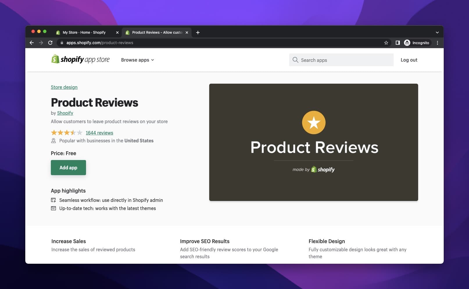 Product Reviews app on Shopify App Store and the image