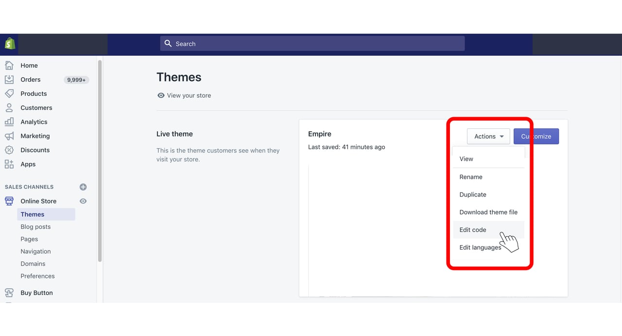 actions on the theme page on Shopify