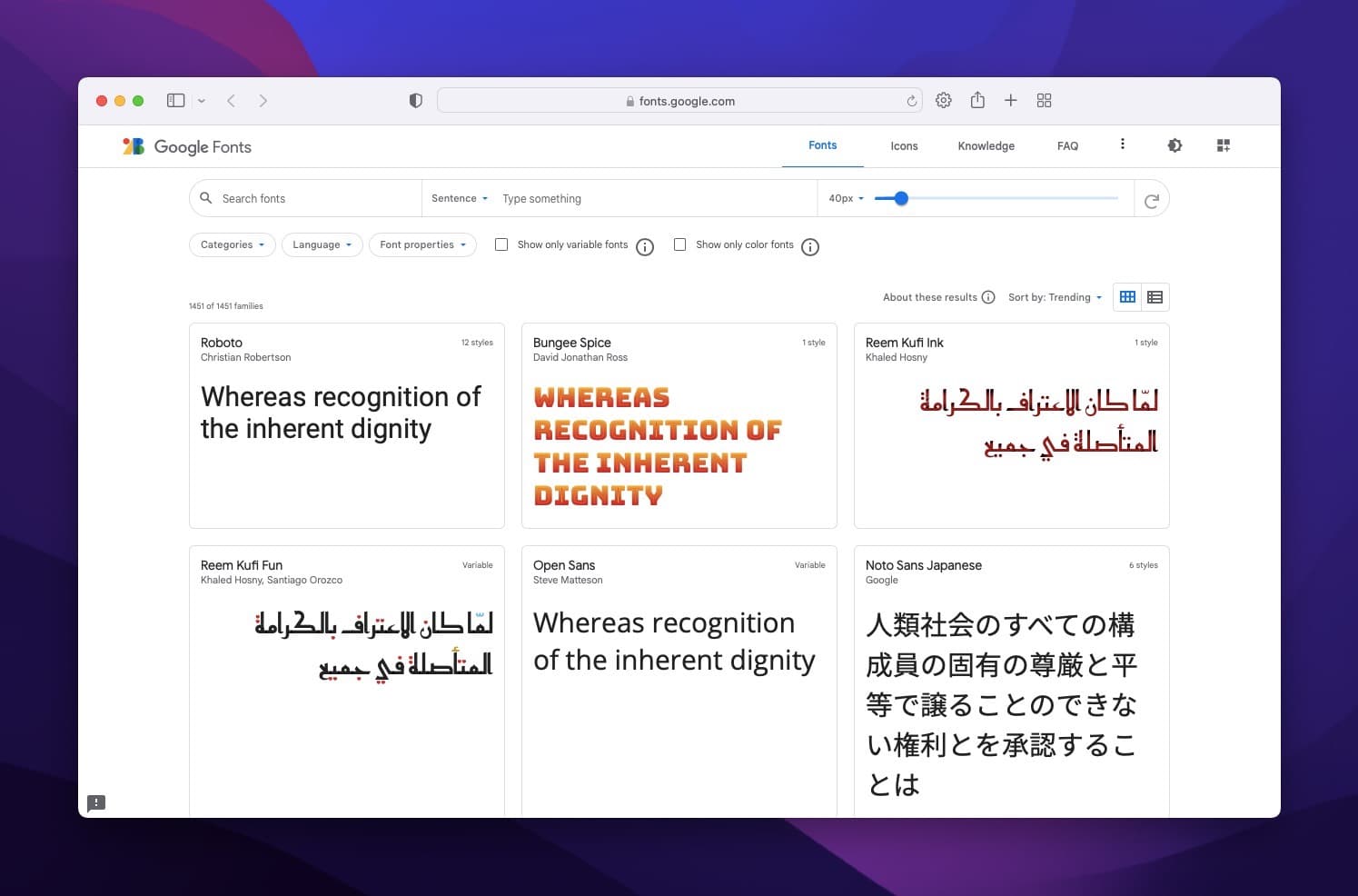 Google Fonts page directed by Webflow