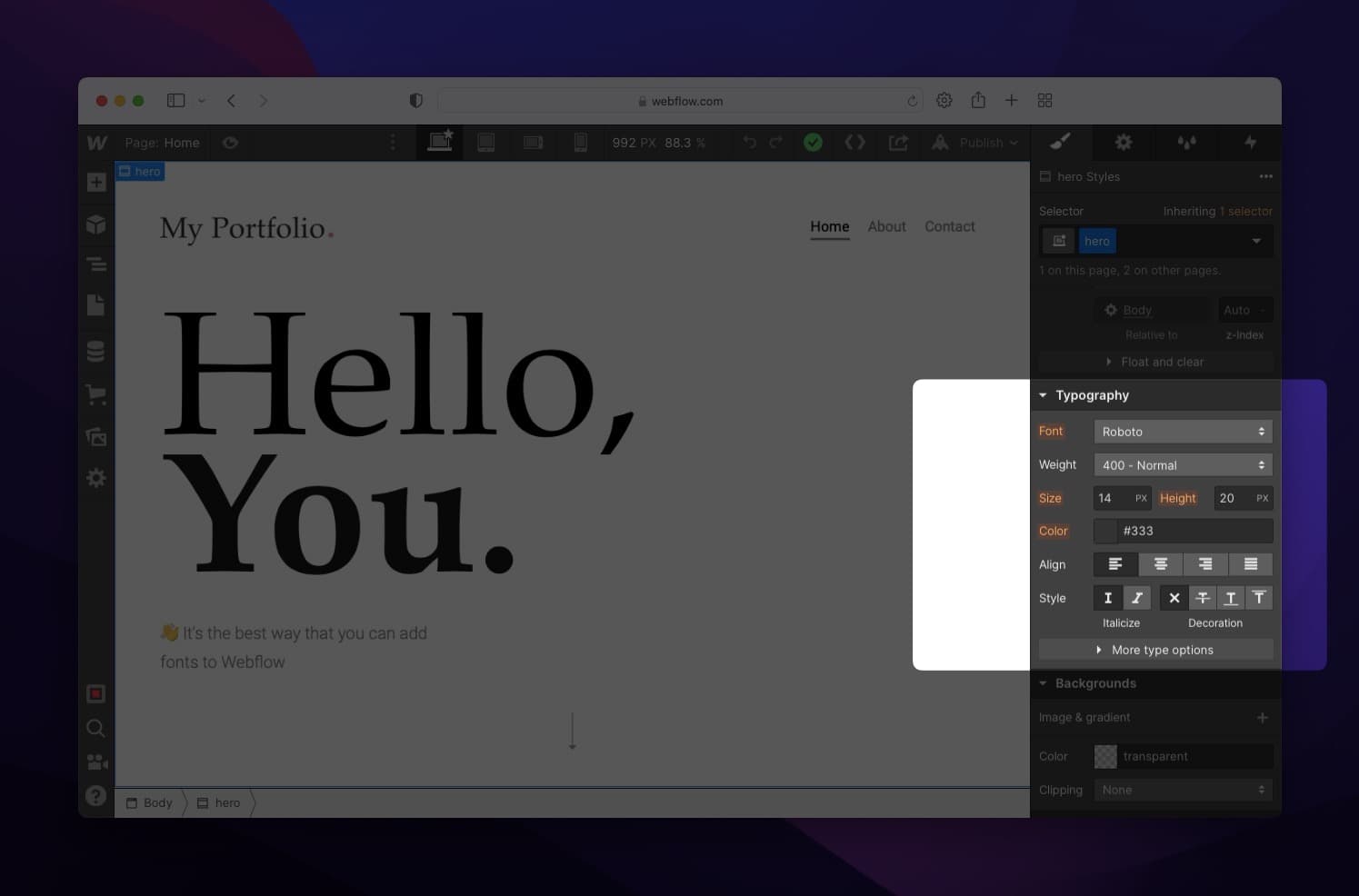 typograhy on the Style Panel of Webflow