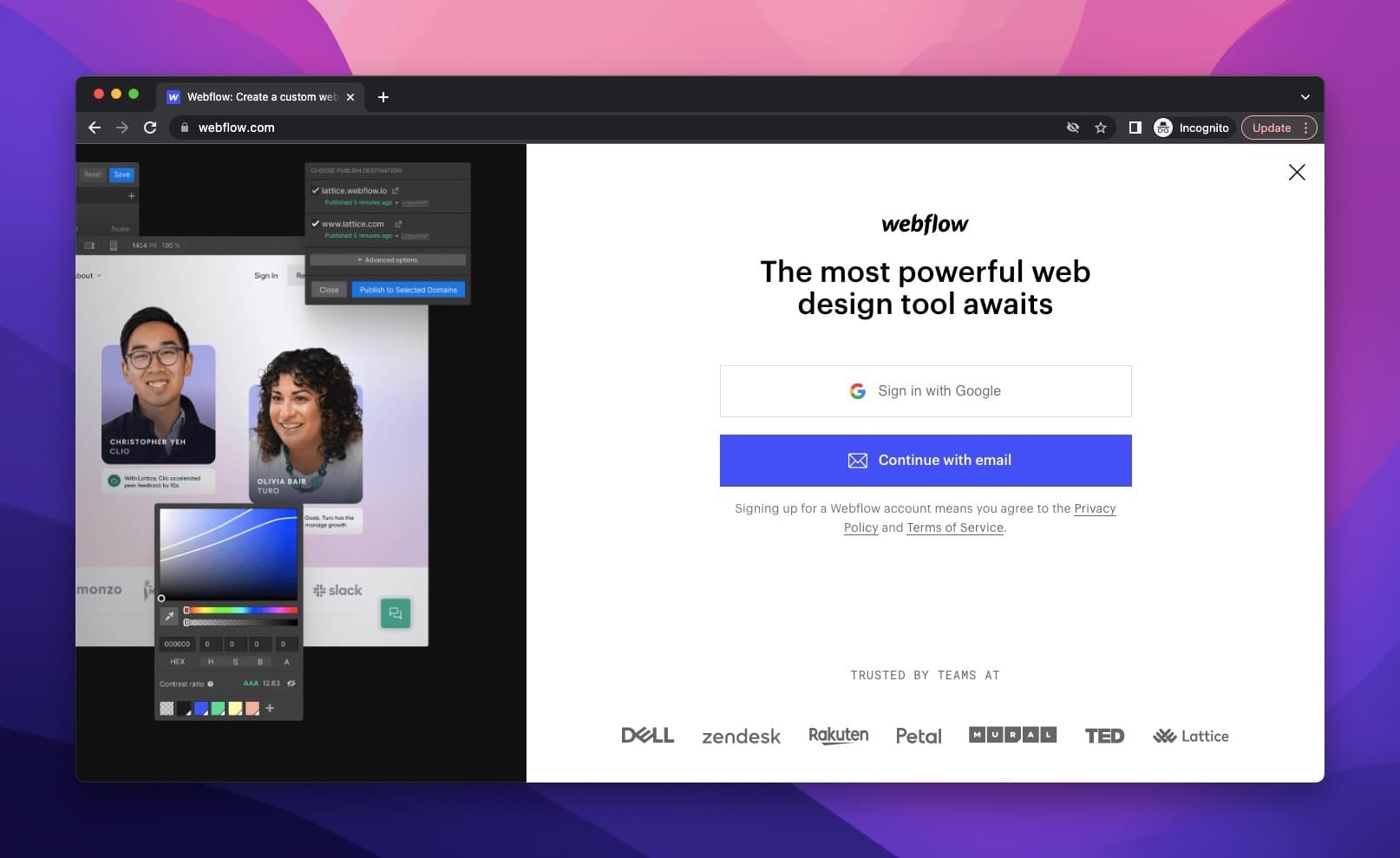 Webflow sign up account page with two parts of an image part and the email log in part