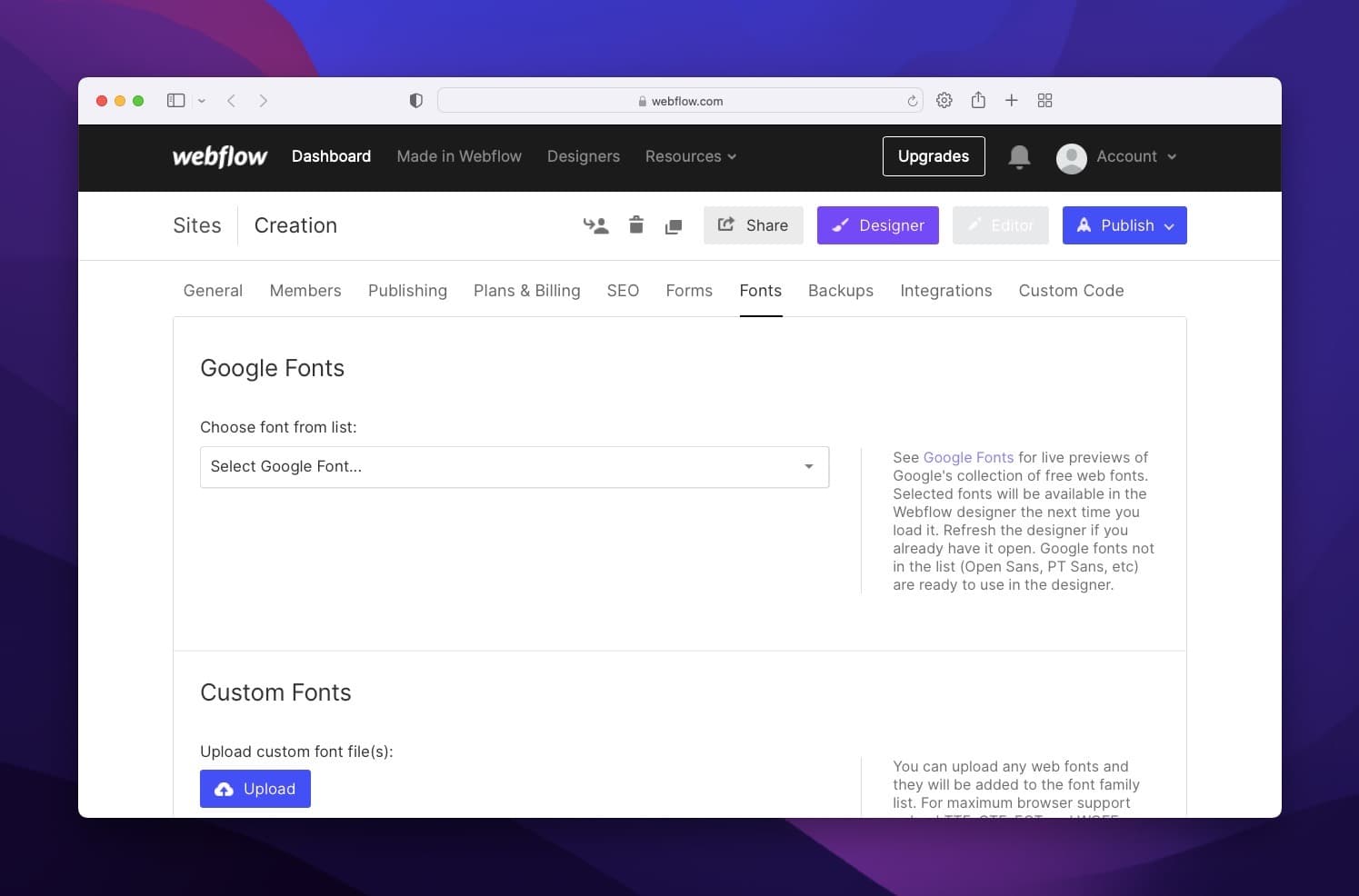 choosing Google Fonts on Webflow