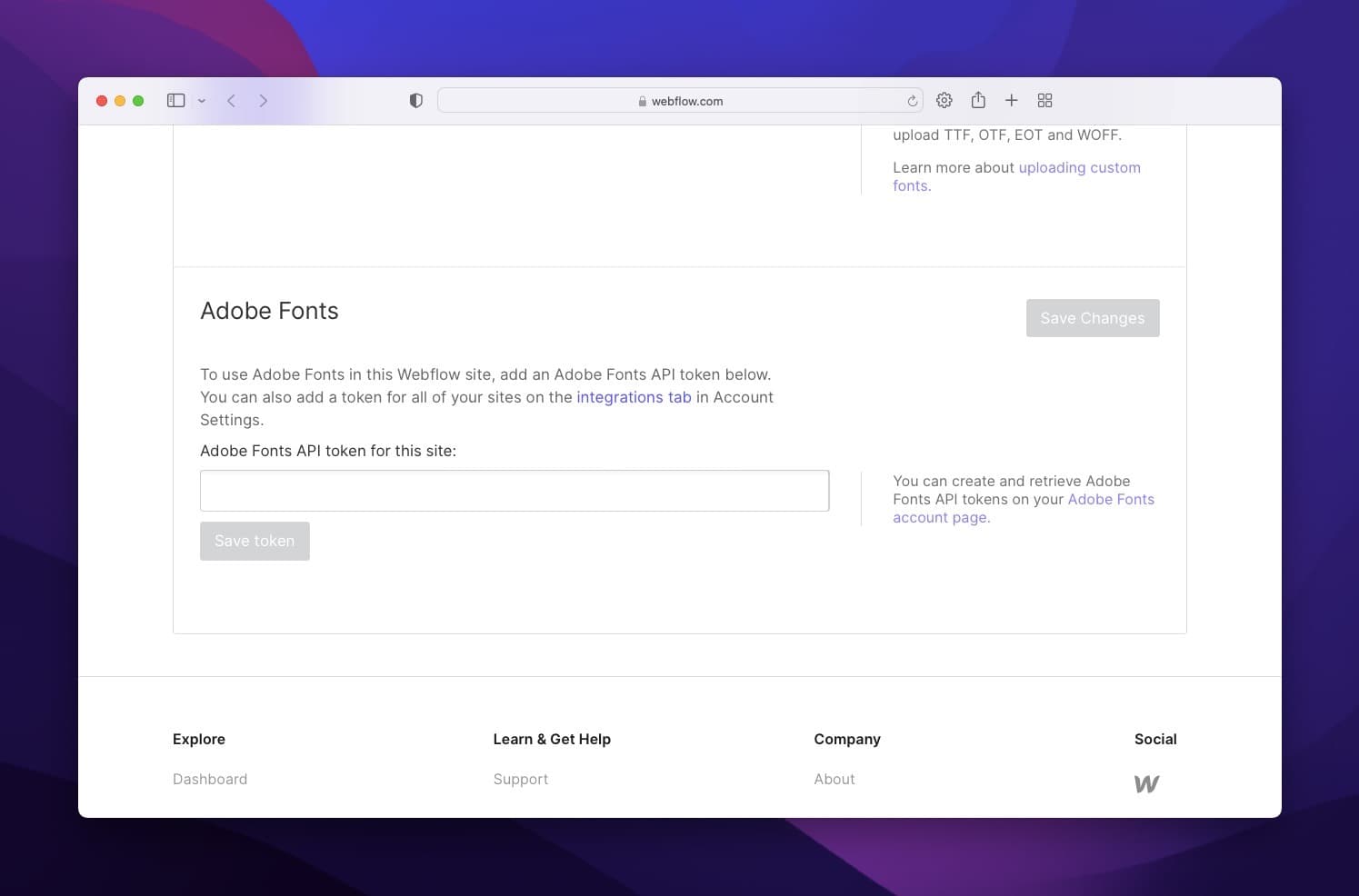 Webflow Adobe Fonts section on Webflow