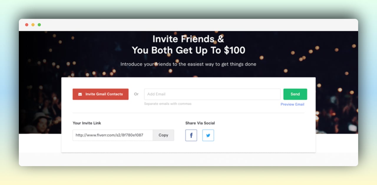 fiverr referral page with an email box and invite link; there is a headline asking to invite friends to get bonus on a dark background