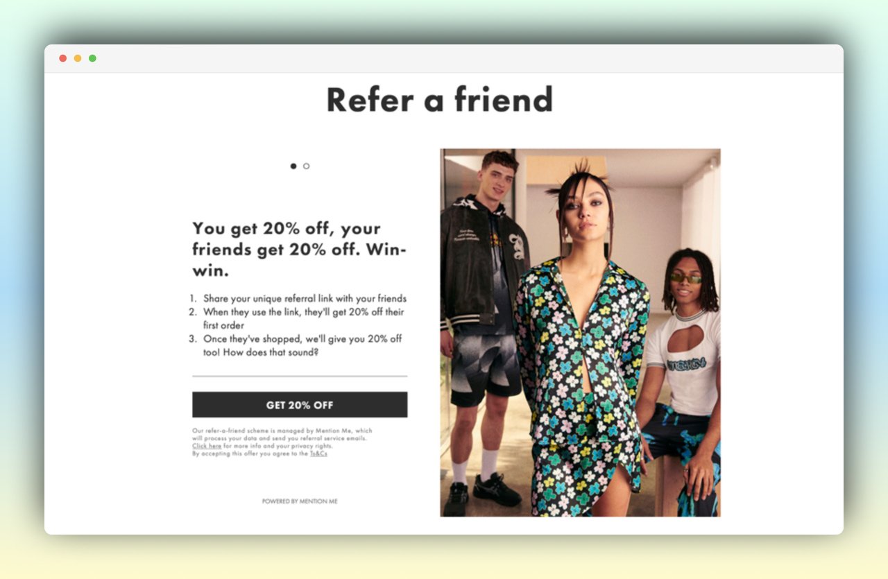 Asos referral campaign page with three people standing together with different outfits and on the left, referral campaign sgteps are written with a black get 20% off button