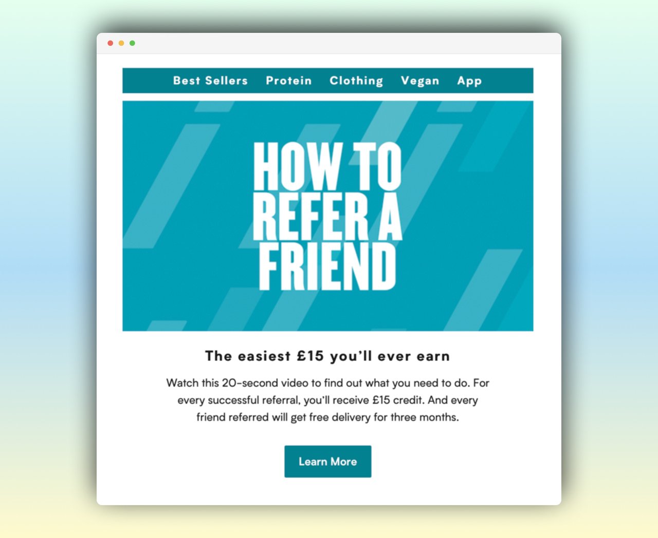 a referral email example saying how to refer a friend in bold on a blue background and additional information below, the screenshot is framed by light blue/green