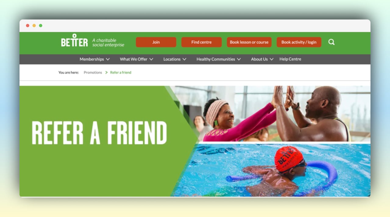 better.org's referral campaign page with a big title as "refer a friend" on a green background and there are 3 people, one kid on the right swimming and doing exercise