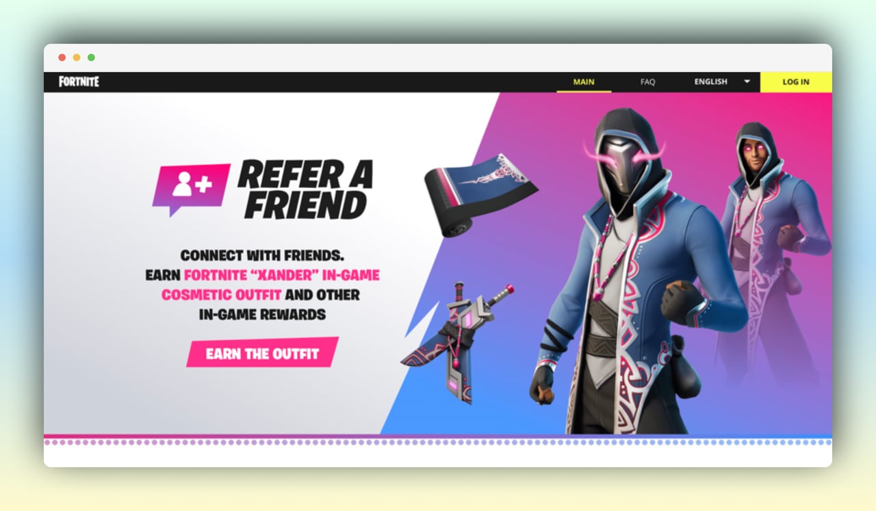 Fortnite's referral website homepage with informative text on the left about the referral program and game figures and accesories on the right on a half pink half white background