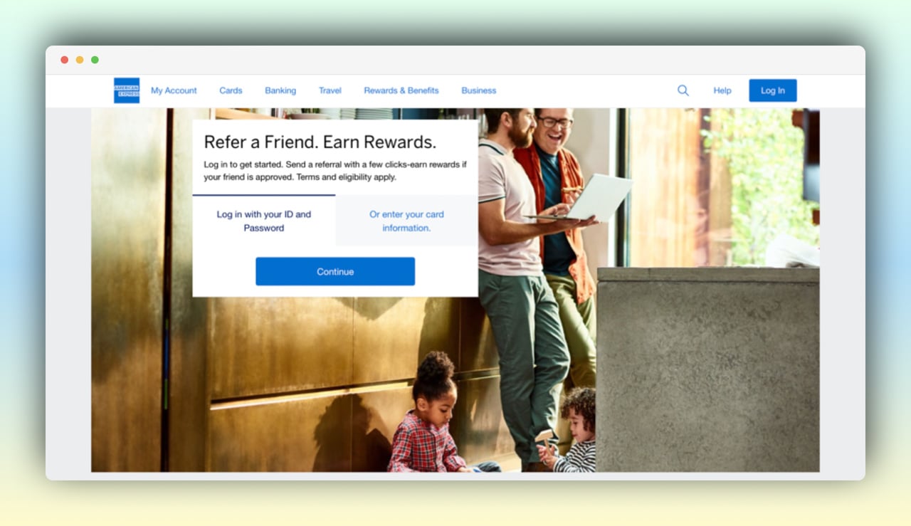 american express referral page showing two men standing together looking at a laptop and two kids are playing sitting on the ground and there is a referral info text box on the left side of the page