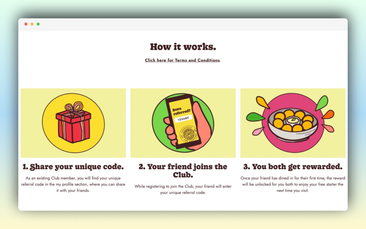 pizzaexpress referral campaign steps with the colorful illustrations of a gift box, e hand holding a phone, and a plate of food, each representing one step of the referral process