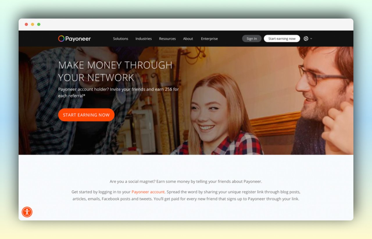 payoneer referral marketing page with three people, one woman in the middle smiling; the headline says make money through your network in the upper left corner