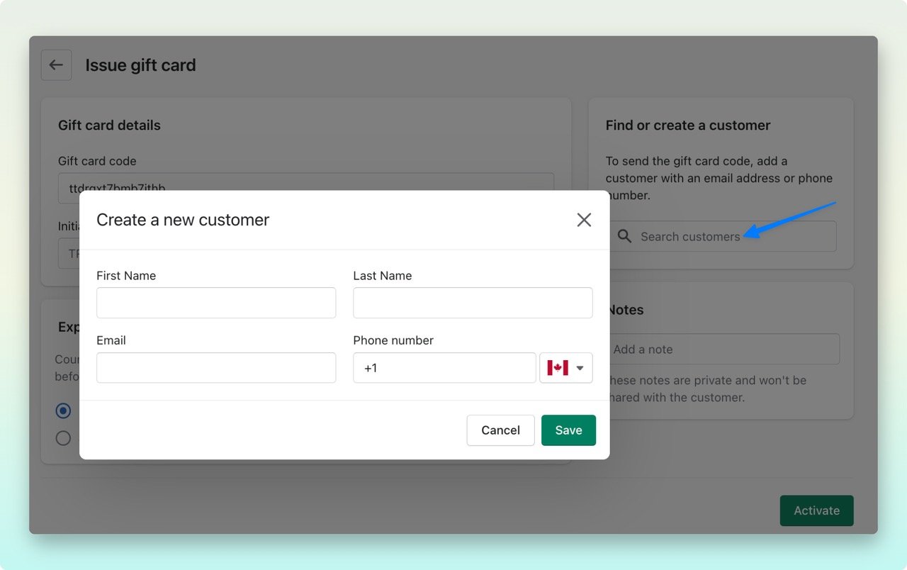 Shopify admin dashboar showing the "create a new customer" box asking for customer's name, email address and phone number