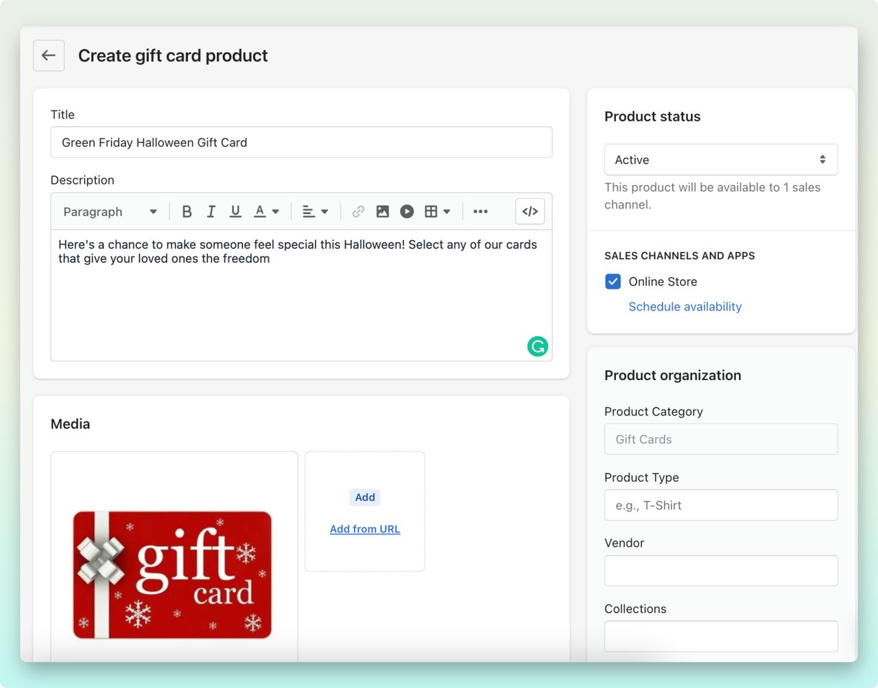 Shopify admin dashboar showing an example of gift card product creation process