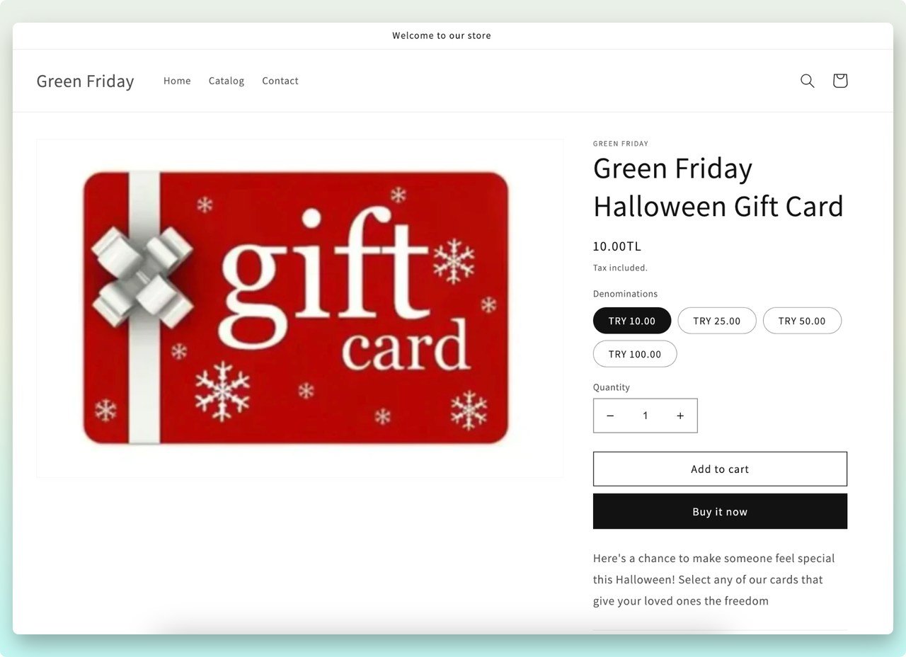 Shopify store's gift card product preview