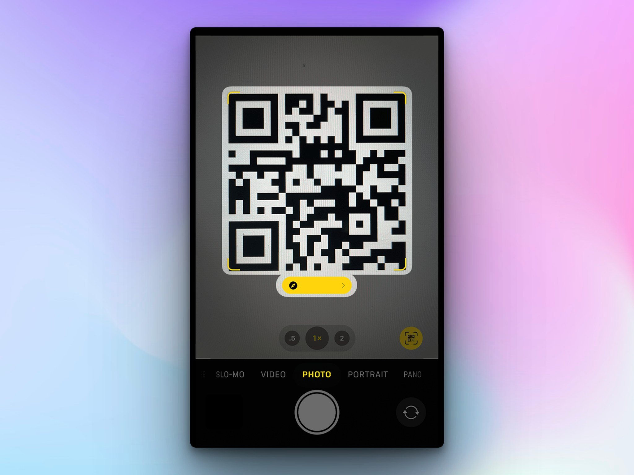 an iphone screen showing a qr code being scanned followed by some options like "video", "photo", "portrait" etc.