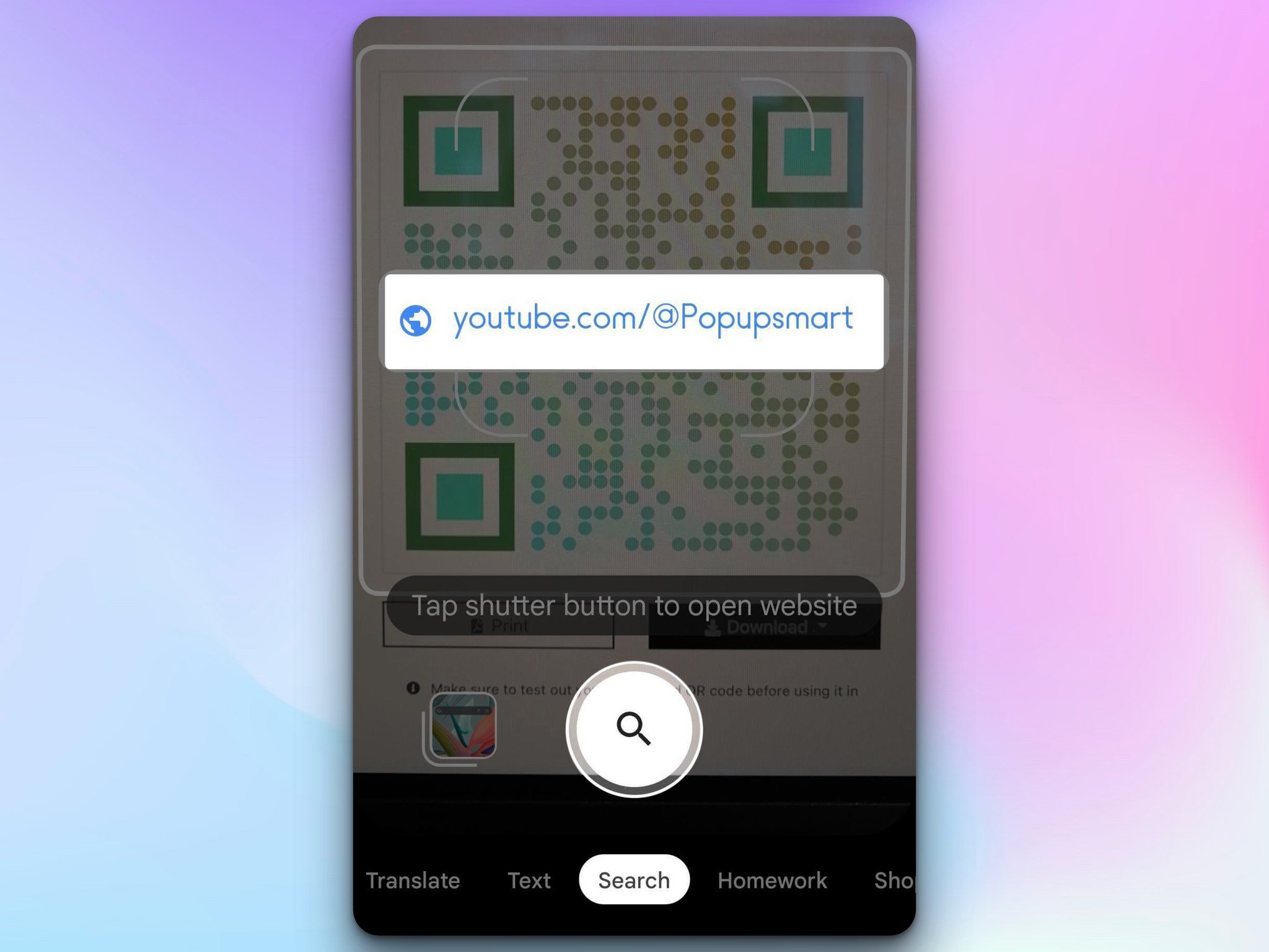 a phone screen showing a qr code being scanned with the YouTube URL of Popupsmart followed by a magnifying glass icon and options like "translate", "text", "search" and so on