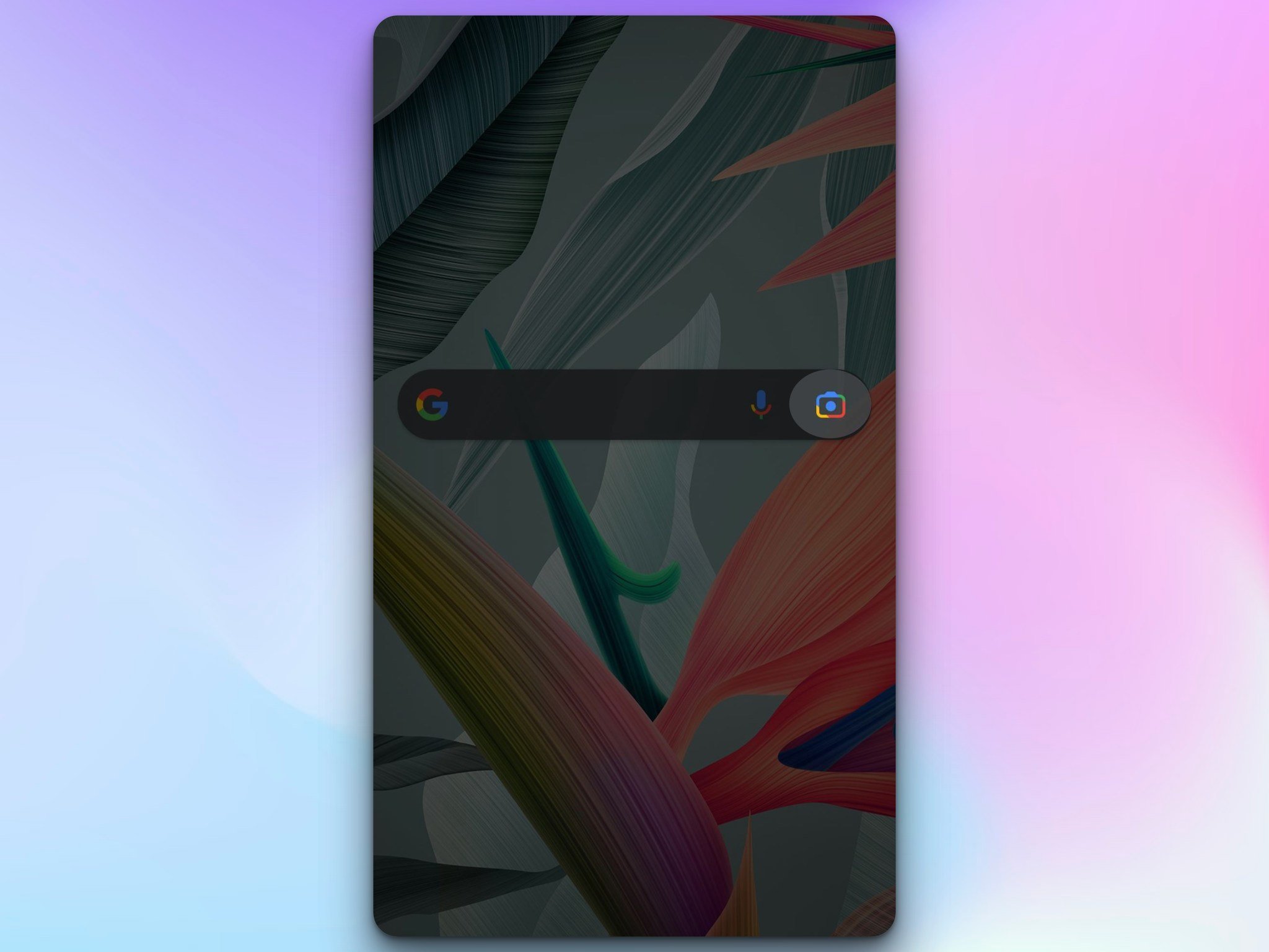 google search bar on an empty phone screen with a floral wallpaper; camera icon is highlighted