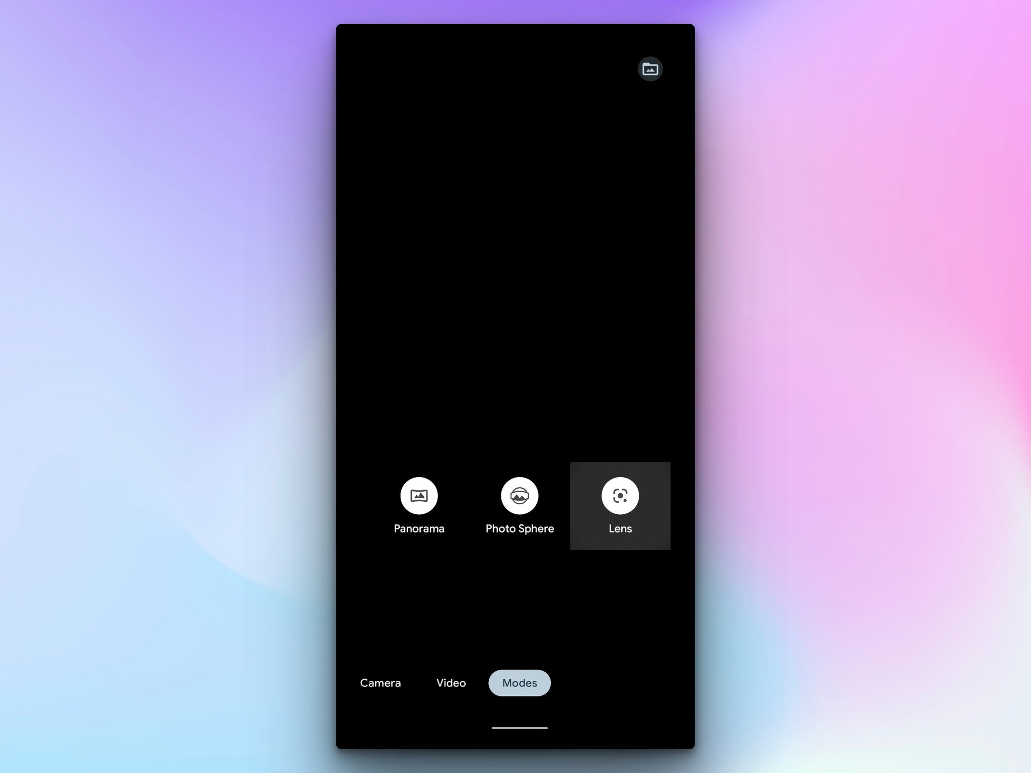 a phone screen with the icons as "panorama", "photo sphere", and "lens", lens is highlighted and there are three other options below as "camera", "video", "modes"