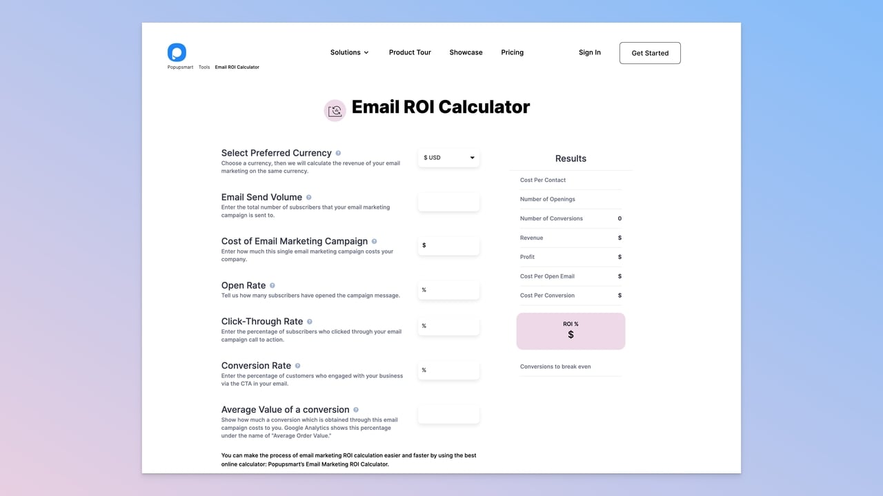 a screenshot of the page of Popupsmart’s email ROI calculator