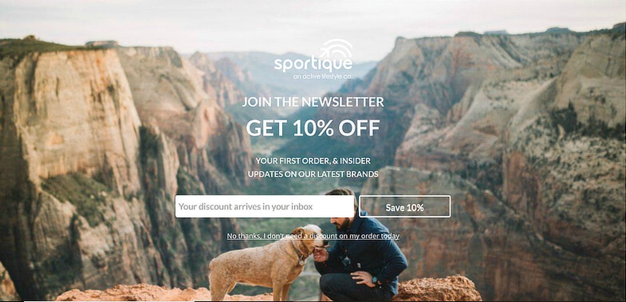 Sportique email pop up example