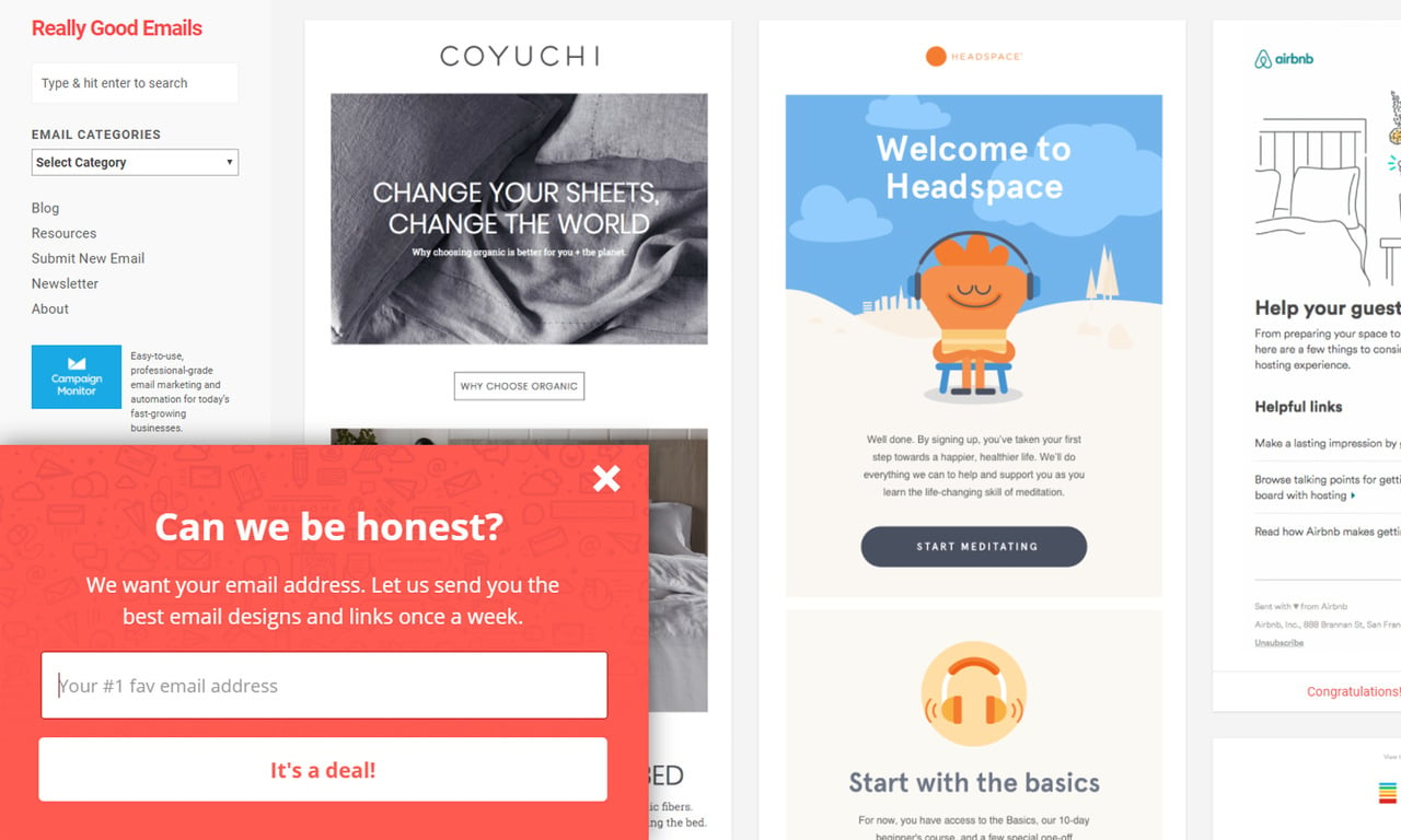 Really Good Emails subscription popup