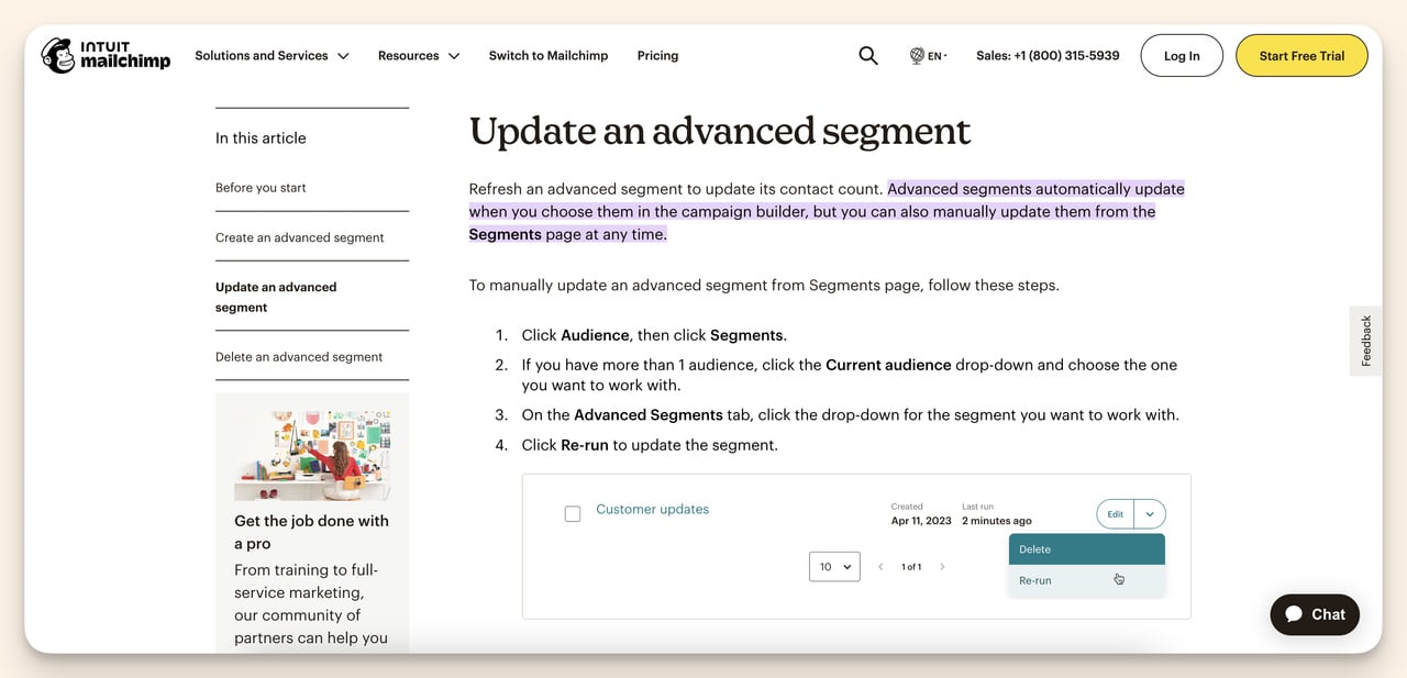 mailchimp example of automatically update segment feature explanation on their website