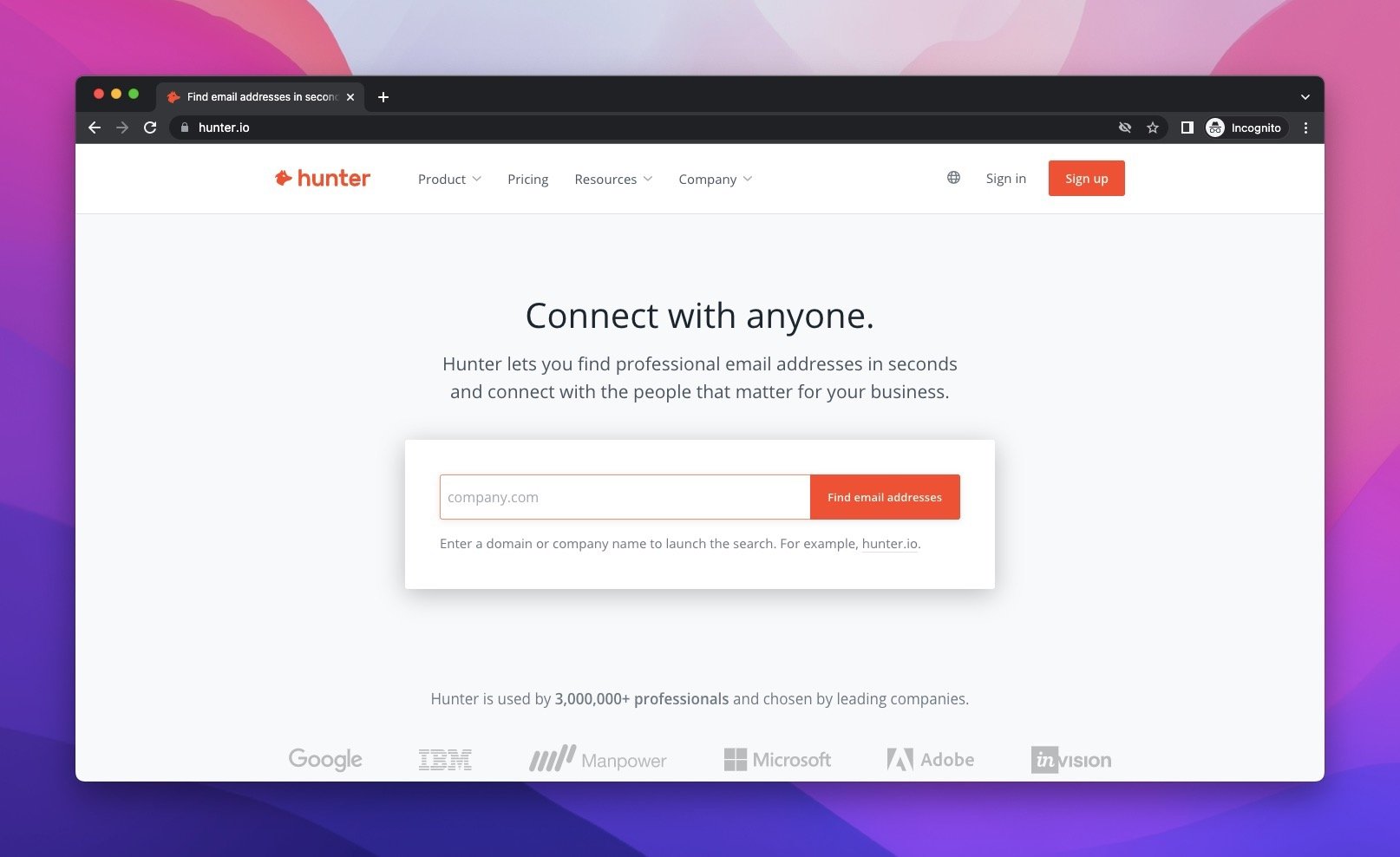 the homepage of Hunter, which is an email search engine with a simple background and a search bar