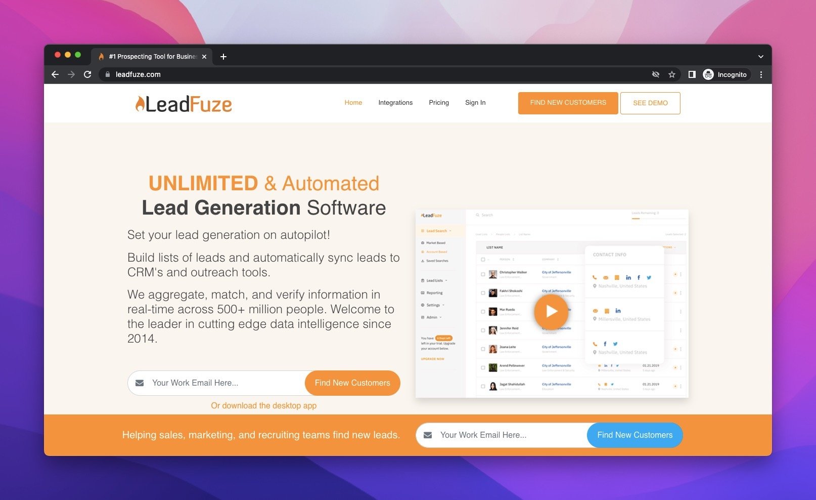 the homepage of Leadfuze, an email search engine, with an orange background