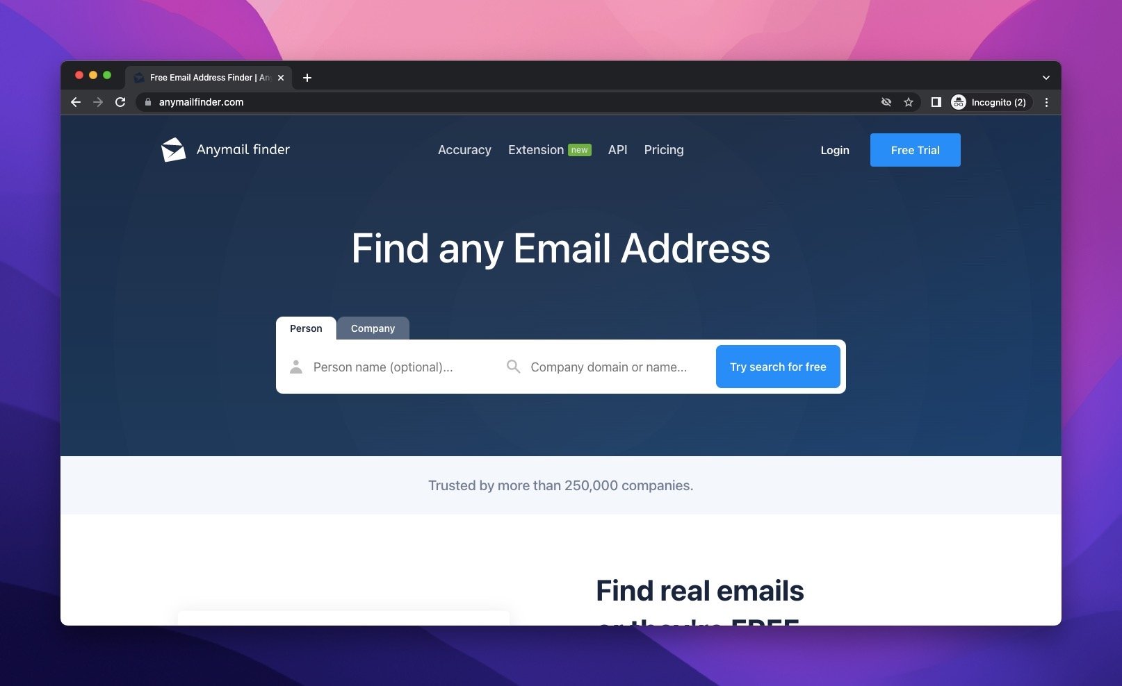 the homepage of Anymail Finder which is an email search engine, with a basic view of a search bar and a CTA