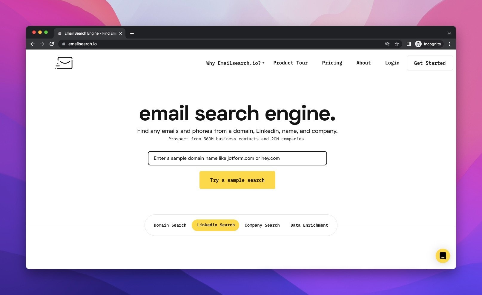 the homepage of Emailsearch, an email search engine, on a white background with a yellow button