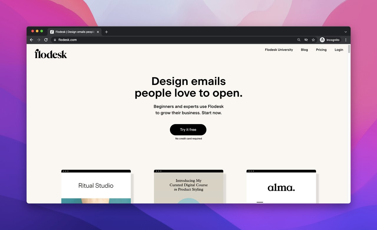 flodesk email template builder software homepage screenshot