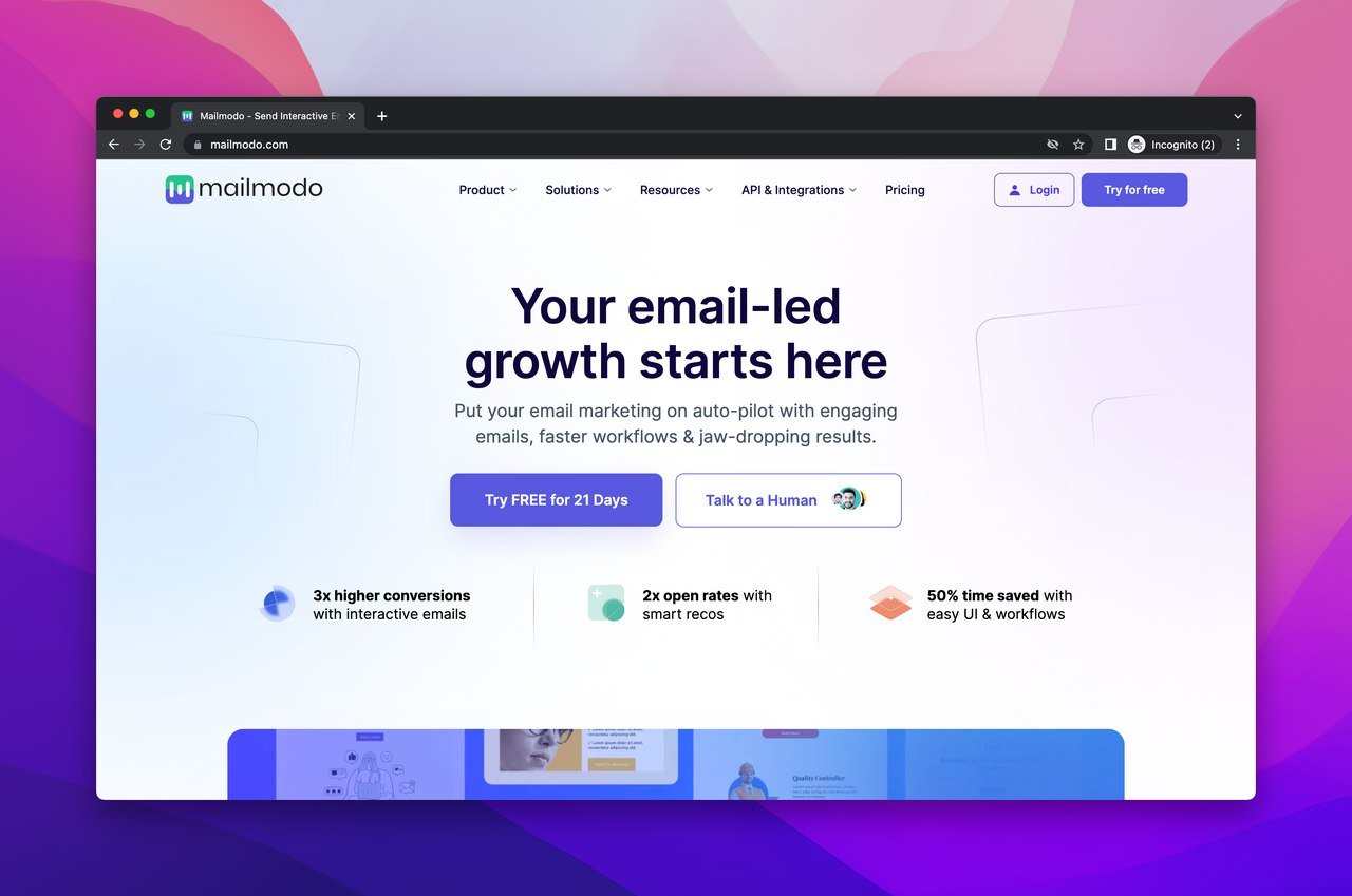 Mailmodo email template builder software homepage