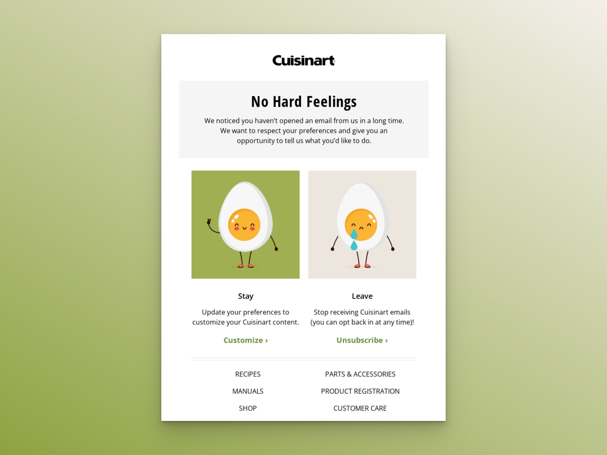 unsubscribe email example with "no hard feelings" headline and two hard-boiled eggs below; one offers to stay and the other offers leaving with a sad face