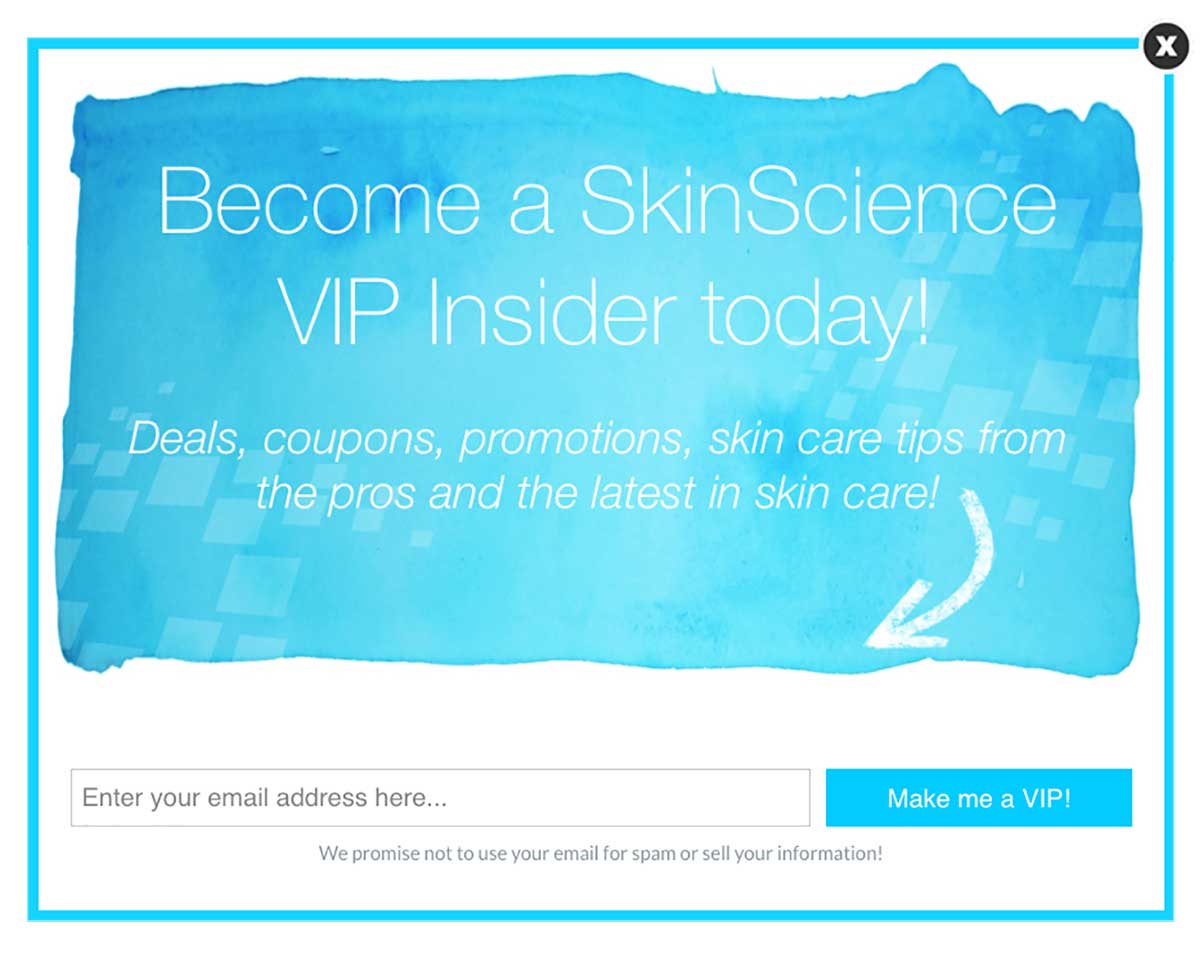 skin science exit-intent popup value in their offer