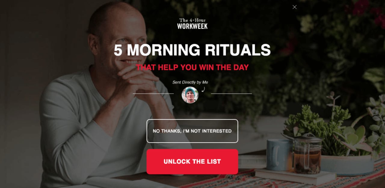 tim ferris exit intent popup example