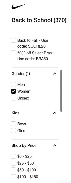 Nike's faceted search example in desktop