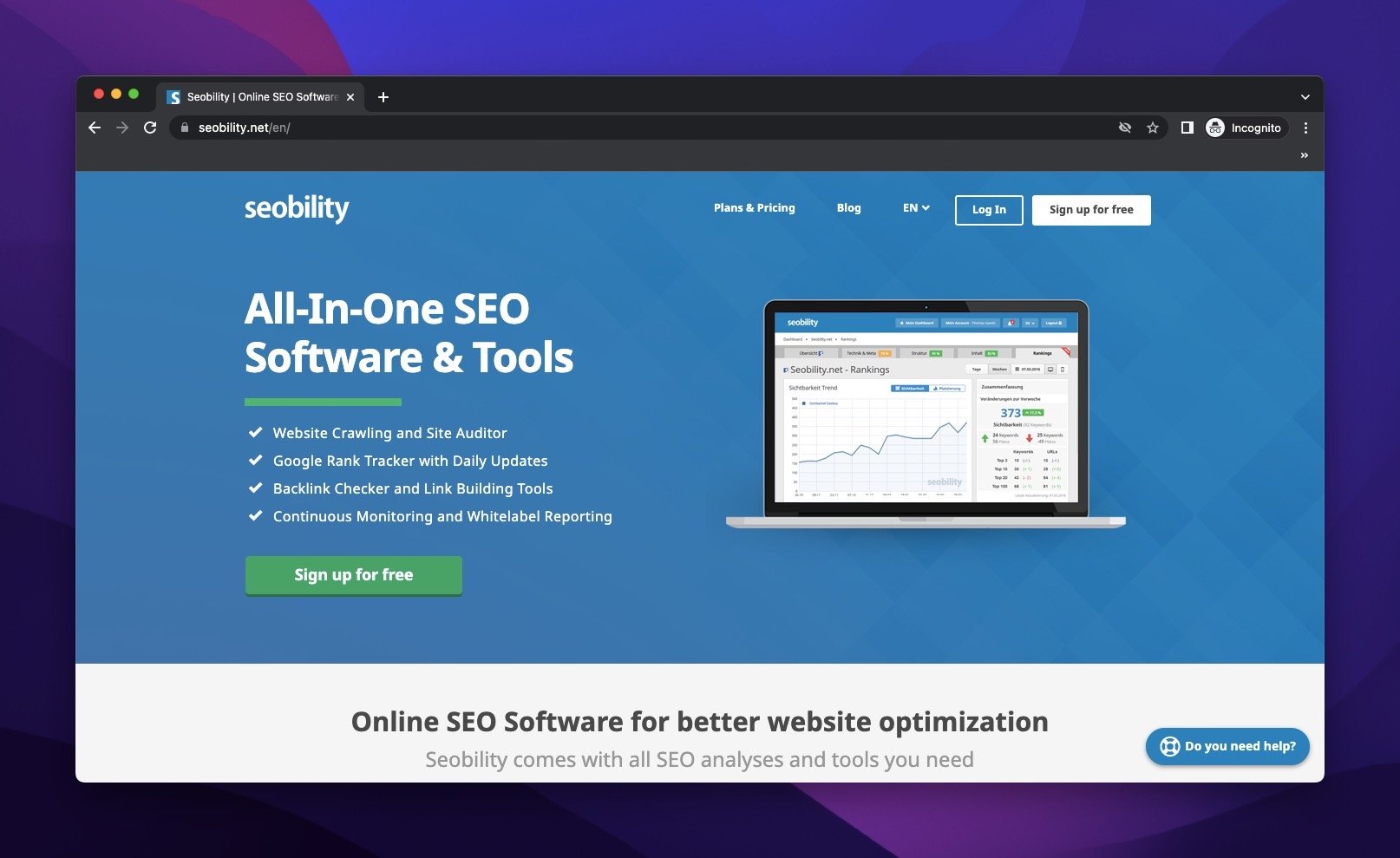 the homepage of Seobility, which is a SEO audit tool