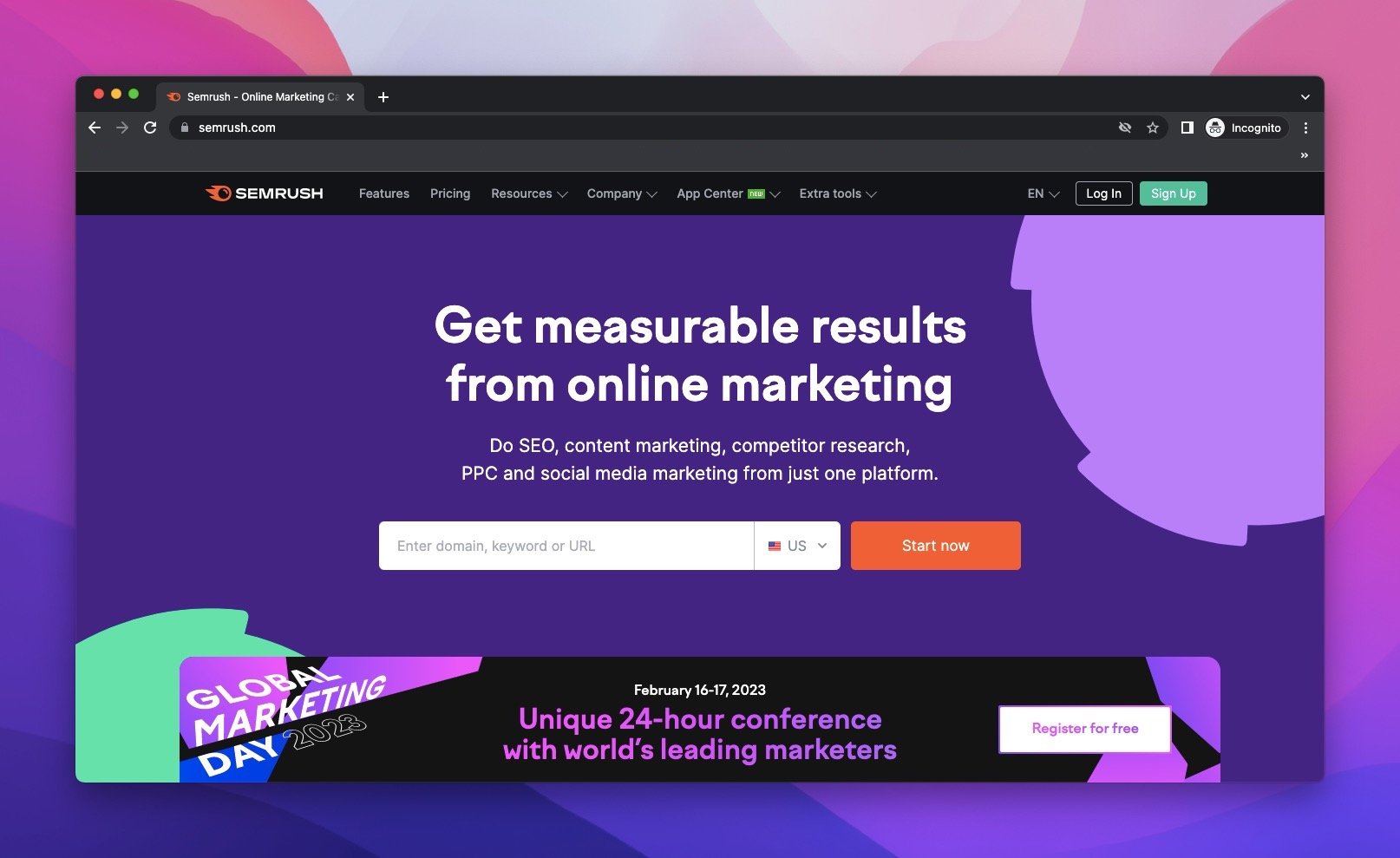 Semrush homepage with purple tones andon a desktop window background