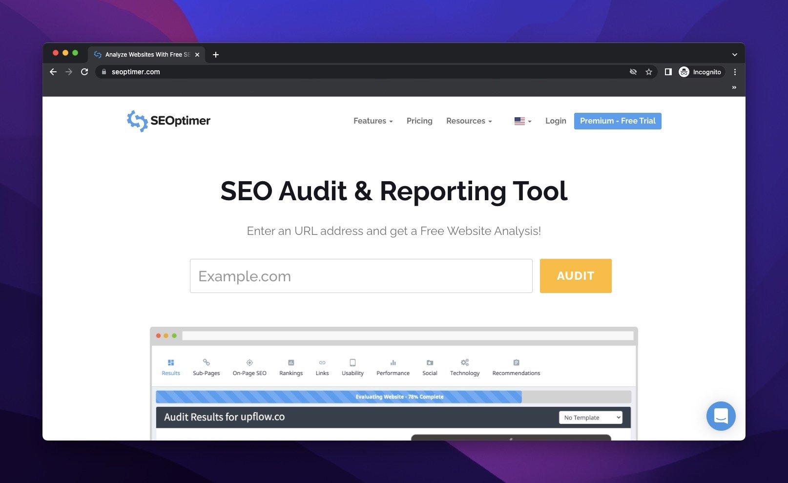 the homepage of SEOptimer with the 'start auditing' promotion