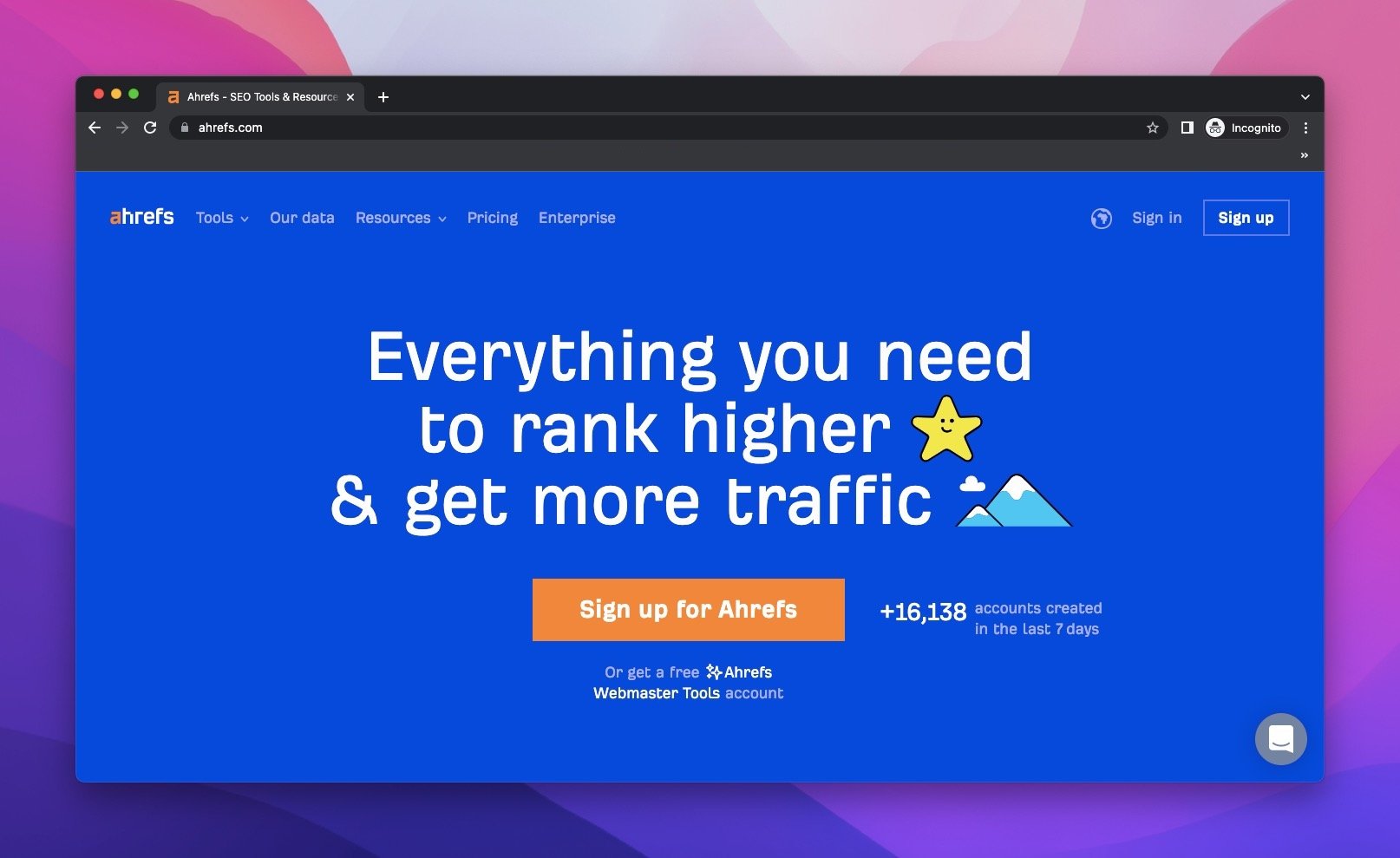 Ahrefs homepage with blue-centered webpage and promotes the SEO audit