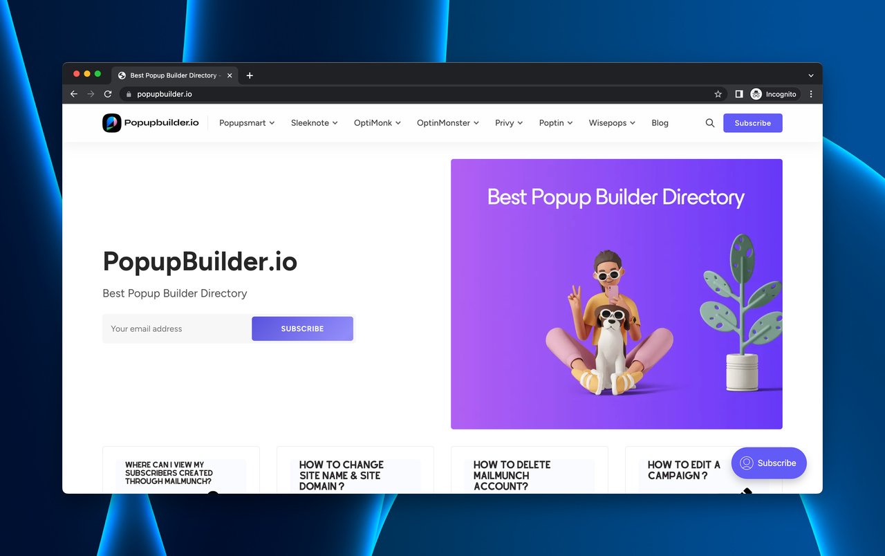 the homepage of Popupbuilder.io which is a popup builder directory