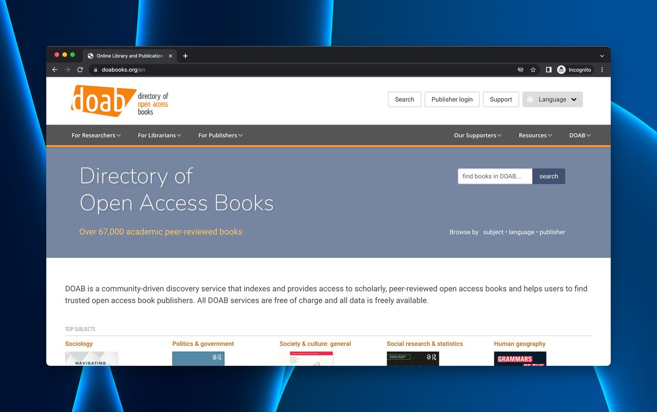 the homepage of Directory of Open Access Books (DOAB)