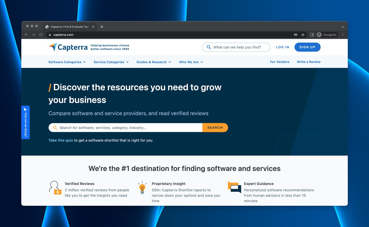 the homepage of Capterra, the tool directory