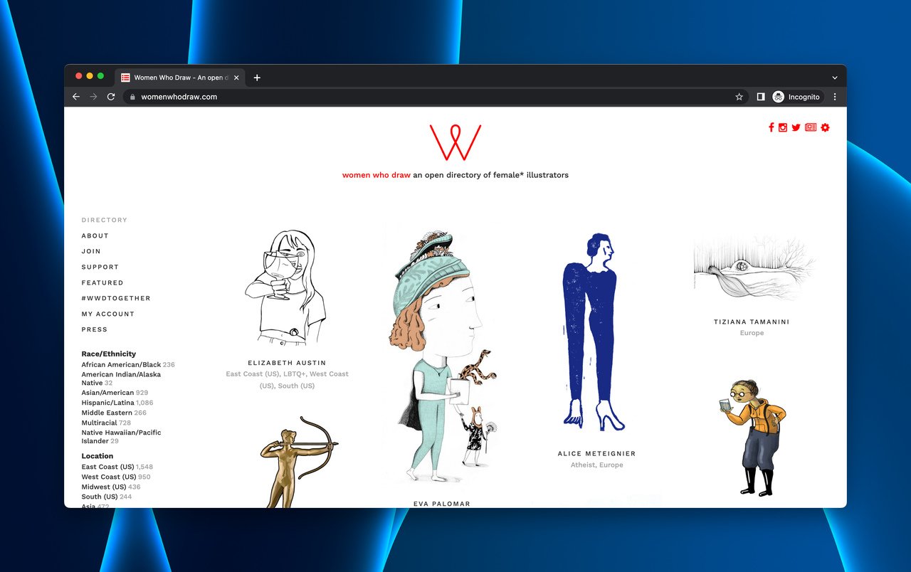 Women Who Draw's homepage with different illustrations from women